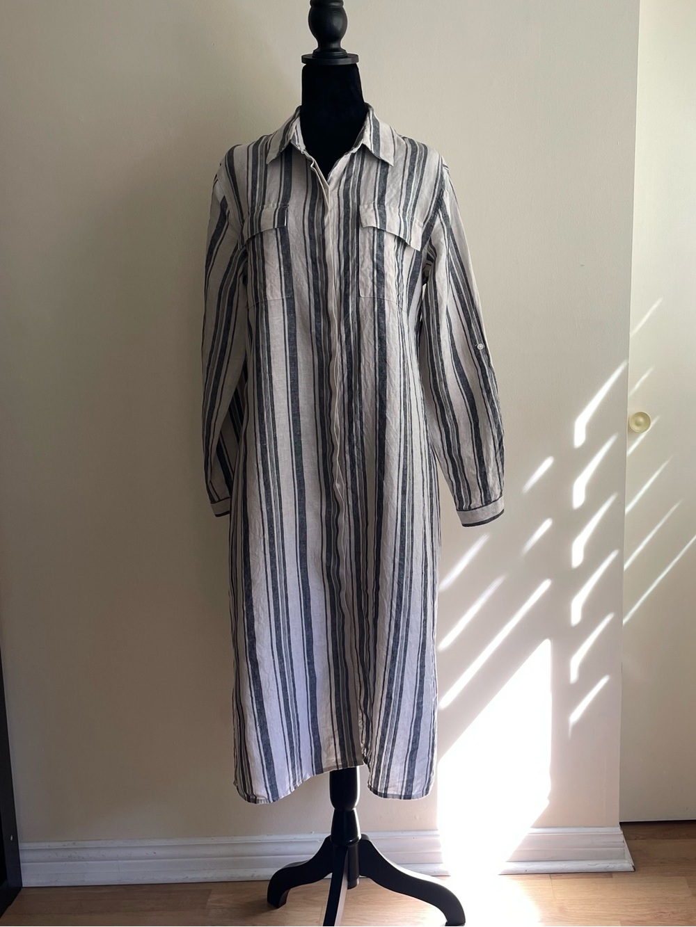 Core Life 100% Linen Striped Shirt Dress Roll Tab Sleeve Size M